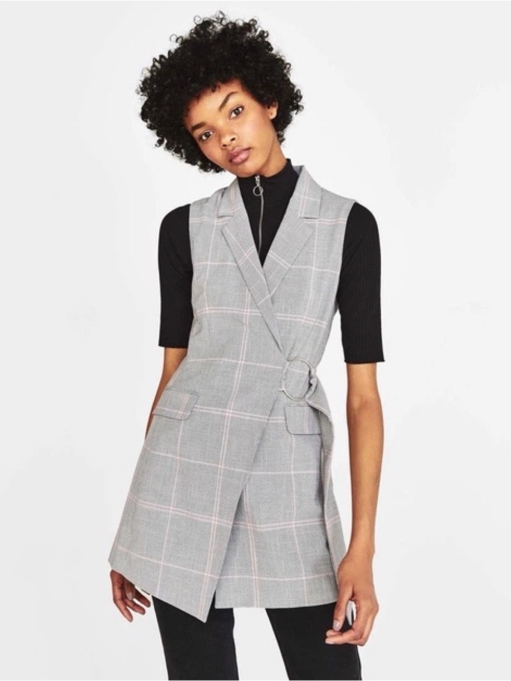 Bershka plaid grey and pink trench